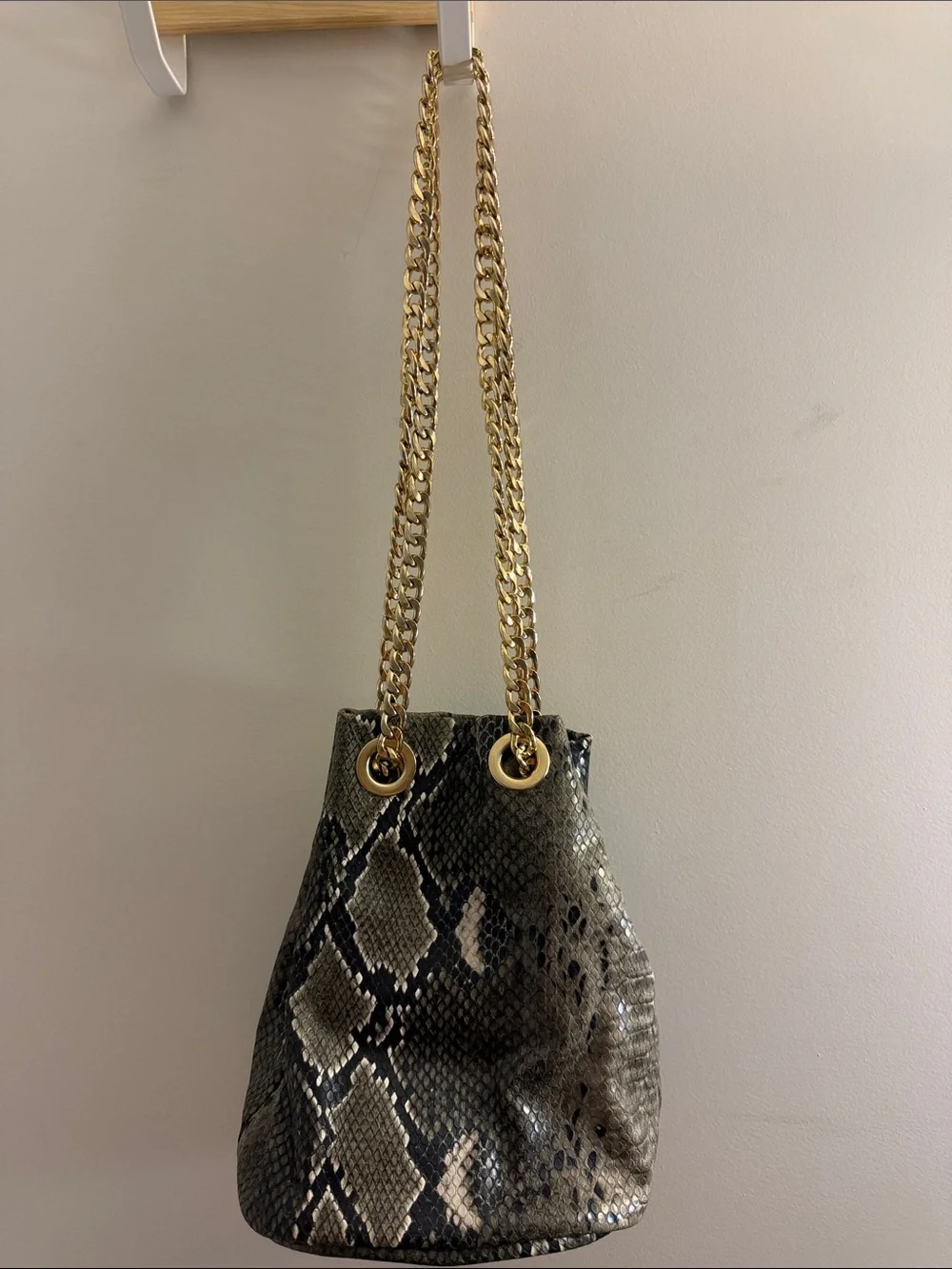 Snake-Print Bucket Bag with Gold Chain Straps
